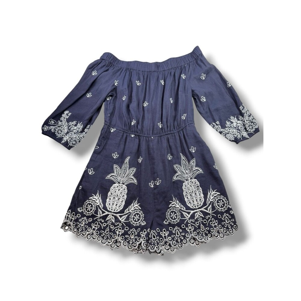 Farm Rio Jackie Pineapple Embroidered Romper Relaxed Fit Navy Blue Size S Resort